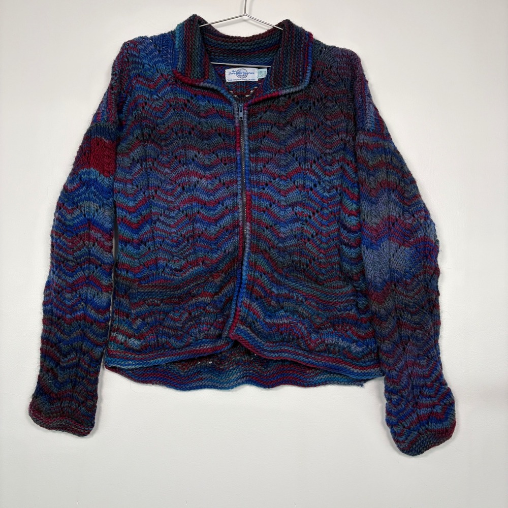 The Sweater Venture Womens Cardigan XL Blue Wool Hand Knit ZipUp Chevron Ecuador